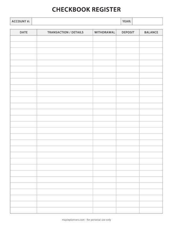 Printable Checkbook Register | Printable check register, Printable checks, Check register