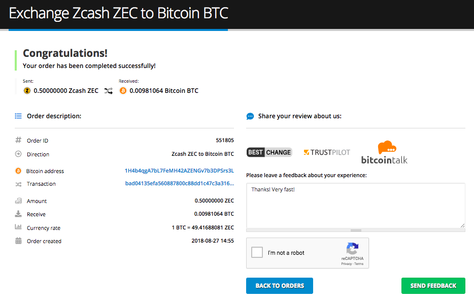 Exchange ZCash to Bitcoin
