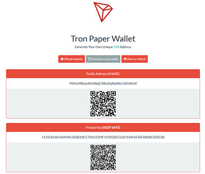 Generate and get TRON TRX wallet address. Create paper private key.