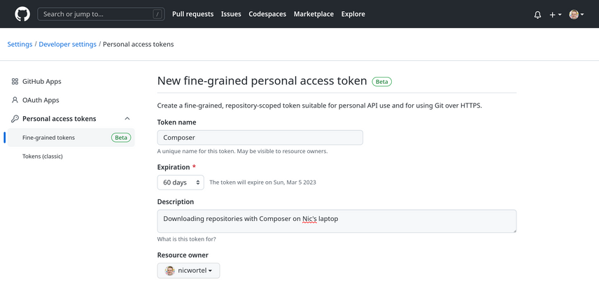 Generate a GitHub Personal Access Token for Private Composer Packages · GitHub