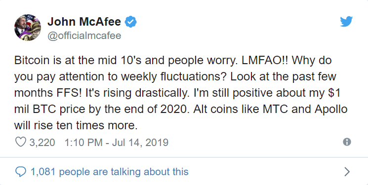 John McAfee: Bitcoin Time Traveler Proof That BTC Will Hit $1 Million