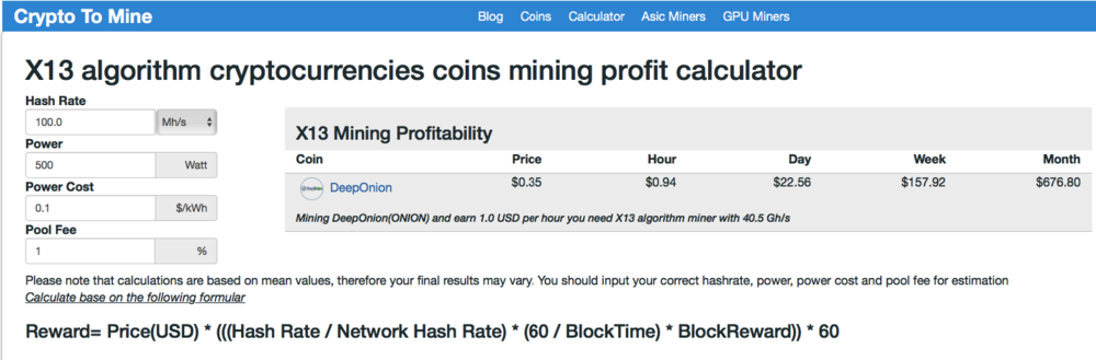 DeepOnion (ONION) mining profitability calculator