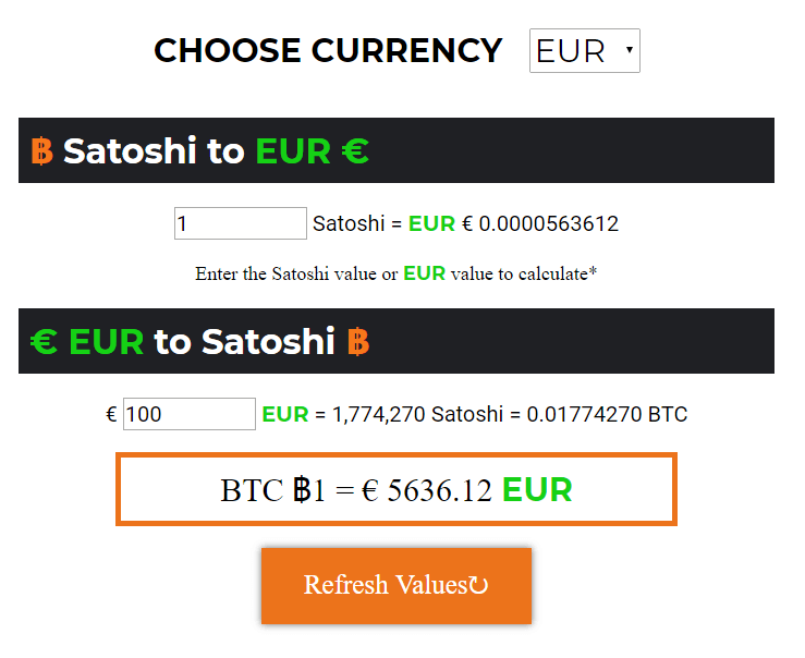 Convert Satoshi to EUR Euro and EUR to Satoshi