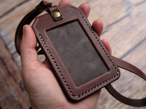 Vertical Style Cowhide Leather ID Card Badge Holder with Heavy Duty Lanyard | HHPrecisionMetal&Woo