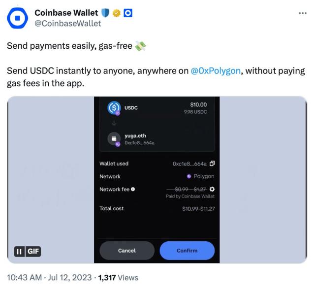 Polygon-Based USDC Can Now Be Sent on Coinbase Wallet With Zero Gas