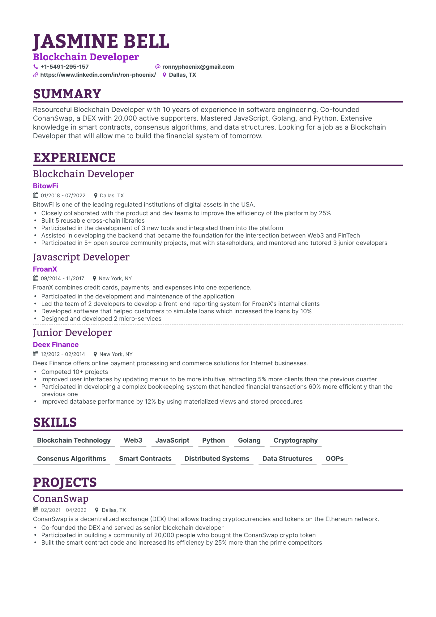 1+ Blockchain Developer Resume Examples [with Guidance]