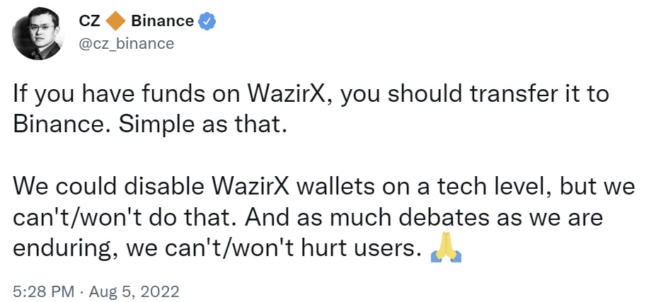 Why was WazirX forced to transfer funds from Binance's wallet service?
