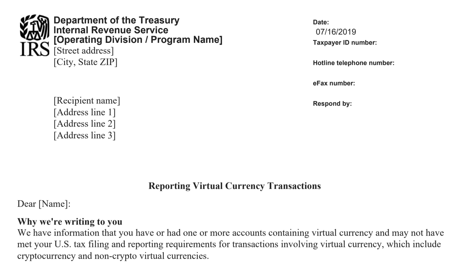 Letter and (New) IRS Cryptocurrency Letters