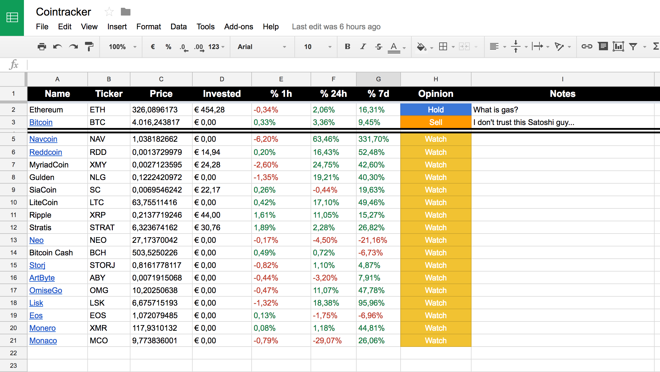 Cryptocurrency portfolio tracker with Google Sheets