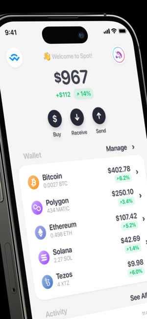 Spot: self-custody wallet for Bitcoin, Ethereum, Polygon, Solana, Tezos & + tokens.