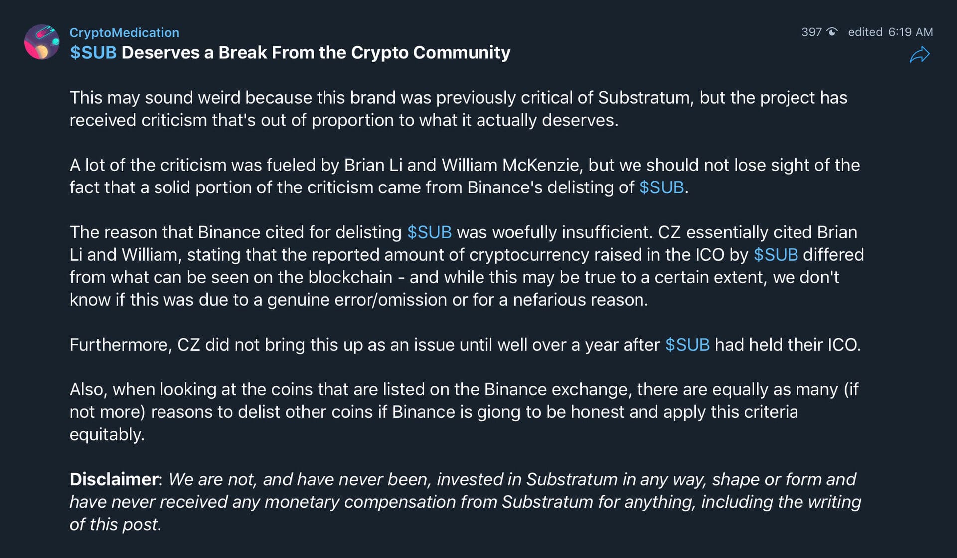 Binance announces delisting of CLOAK, MOD, SALT, SUB and WINGS